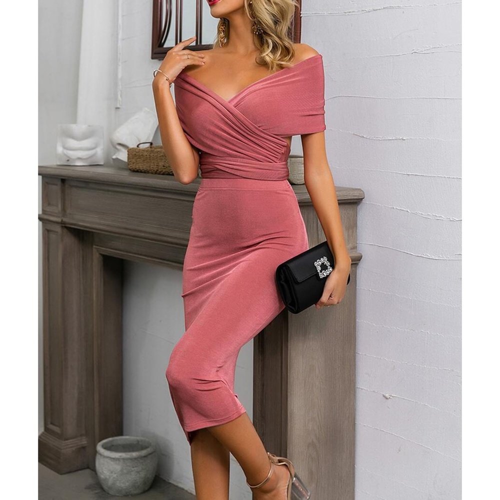 Pink Off the Shoulder Tie Back Two Piece Skirt Set - Picture 4 of 7